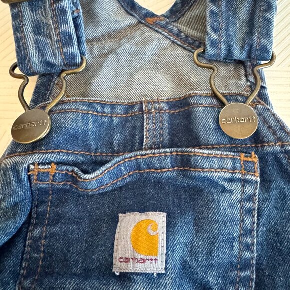 Carhartt Baby Denim Short Overalls Size 3 Months Classic Blue Jean Romper Logo - Picture 6 of 9